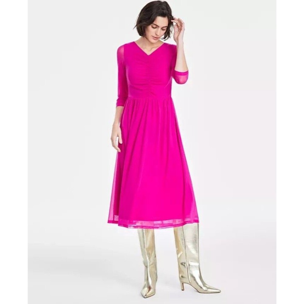 ON 34th Women's Midi Dress Magenta Pink Mesh Ruched Sheer XXL NWT